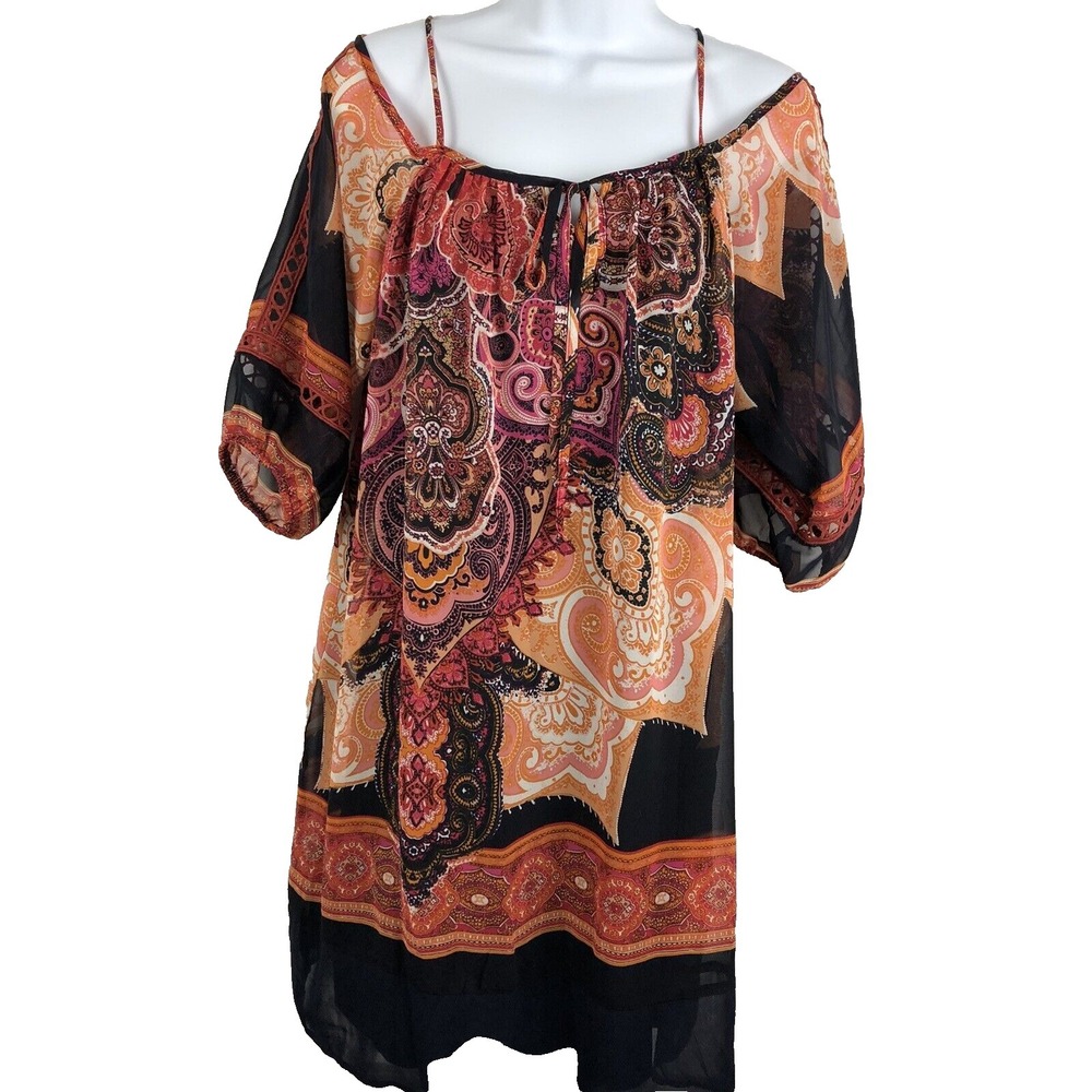 En Focus Studio Dress Women's 6 Pink Orange Paisley Off shoulder Earthtone